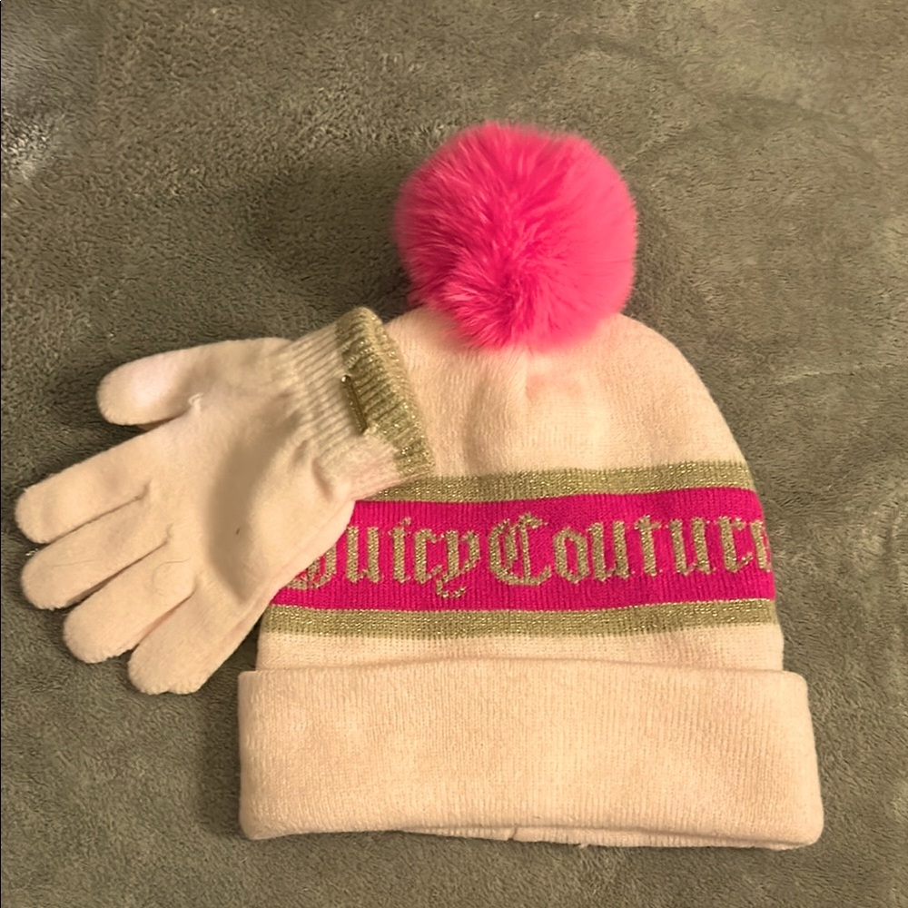Juicy Couture Pink and Cream Beanie with Gloves